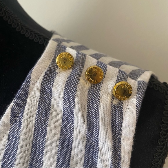 ELLEN TRACY Striped Linen Relaxed Blouse White Blue with Gold Shoulder Detail L - Picture 4 of 13